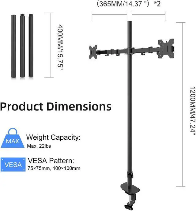 Alt view image 5 of 5 - Pholiten Extra Tall Dual Monitor Stand, Dual Monitor Mount, Desk Mount up to 47 inch Pole, 2 Monitor Stand, Computer Monitor Arm, Fully Adjustable Stand for up to 27 inch Screens