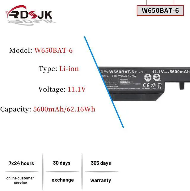 Alt view image 2 of 5 - W650BAT-6 Battery for Clevo W650S W650SB W650SH W650SZ W651SC W655SF W655SJ W670SR Hasee K610C K650D K570N K710C K590C K750D 6-87-W650S-4E7 6-87-W650S-4D4A2 6-87-W650S-4D4A5 W670SJQ W665SZ 62.16Wh