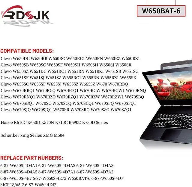 Alt view image 3 of 5 - W650BAT-6 Battery for Clevo W650S W650SB W650SH W650SZ W651SC W655SF W655SJ W670SR Hasee K610C K650D K570N K710C K590C K750D 6-87-W650S-4E7 6-87-W650S-4D4A2 6-87-W650S-4D4A5 W670SJQ W665SZ 62.16Wh