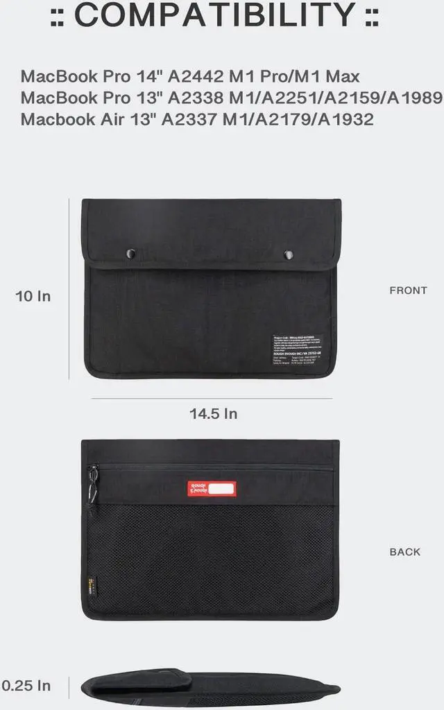 Alt view image 5 of 5 - Rough Enough 13 14 Inch Laptop Sleeve Case Bag with Accessory Pocket for Notebook Computer Slim Black Cordura