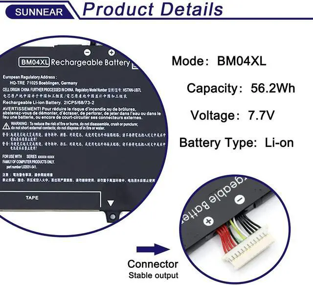 Alt view image 2 of 5 - SUNNEAR BM04XL 56.2Wh L02478-855 Laptop Battery Replacement for HP Elitebook 1030 X360 G3 45X96UT Series Notebook HSTNN-UB7L HSTNN-DB8L L02031-2C1 L02031-541 L02475-855 7.7V 7300mAh