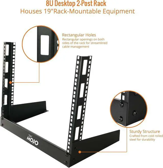Alt view image 4 of 5 - Tecmojo 2 Post 8U Desktop Server Rack Small Open Frame Rack for 19in AV/Data/Audio/Studio Equipment Free Standing Home/Office Rack,Square Hole