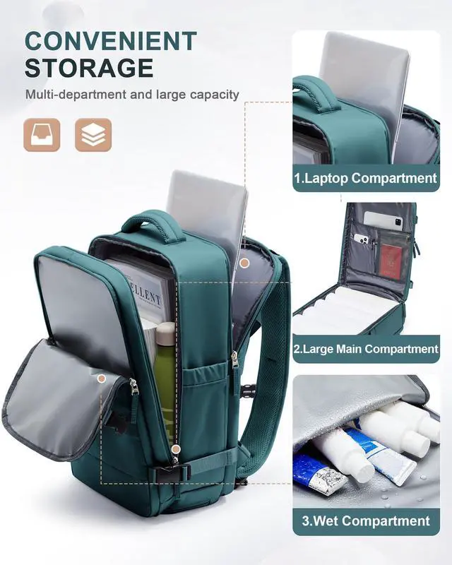 Alt view image 2 of 5 - UPPACK Travel Backpack For Women Men Carry On Backpack Flight Approved Gym Bag With Shoe Compartment Hiking Waterproof Laptop Backpack College Essentials Peacock Blue