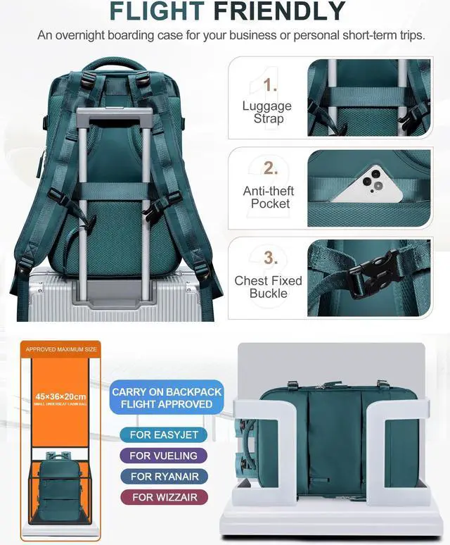 Alt view image 4 of 5 - UPPACK Travel Backpack For Women Men Carry On Backpack Flight Approved Gym Bag With Shoe Compartment Hiking Waterproof Laptop Backpack College Essentials Peacock Blue