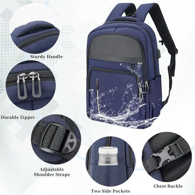 Alt view image 2 of 5 - Veridina Women Men Laptop Backpack Business Travel Lightweight Waterproof Anti Theft College Computer Bag with USB Charging Port Work Daily Bag,Blue