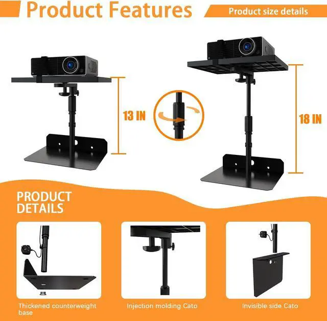 Alt view image 3 of 5 - WEGASTU Projector Stand From 9.5 "to 14.7",Height AdjustableHidden Shelf Desktop No Drilling,Projector For Desktop,Bedside Table,Bed,Home Office,Stage,Studio,DJ rack bracket installation