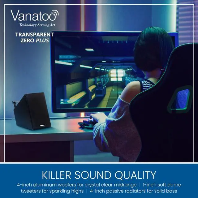 Alt view image 5 of 5 - Vanatoo Transparent Zero Plus Near Field Studio Monitor Speakers Pair for TV, PC, Gaming. 120 Watt Powered Speakers for Desktop and Room use. AUX, USB, Bluetooth, Toslink Optical, Remote Control.