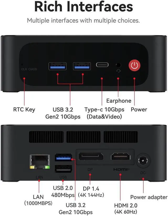 Alt view image 4 of 5 - Beelink SER5 Mini PC with AMD Ryzen 7 5800H(up to 4.4GHz) 32GB DDR4 500GB NVMe SSD, 4K HD Triple Display HDMI/Type-C, WiFi 6