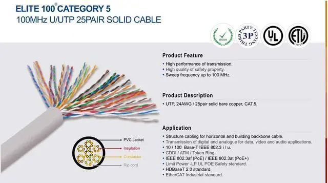 Alt view image 2 of 5 - Elite 25 Pair Cat5e Riser (CMR), 500ft, UTP 24AWG, Solid Bare Copper, 350MHz, UTP (Unshielded Twisted Pairs), UL Listed, Bulk Ethernet Cable Reel, Gray