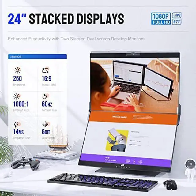 Alt view image 2 of 5 - Mobile Pixels Geminos Dual 24" FHD Stacked Desktop Monitors with 1080P Webcam&Speakers, 100W USB-C Charging, All-Inclusive HDMI/USB A/USB C Infinitely Adjustable Computer Monitor (2 Monitors)