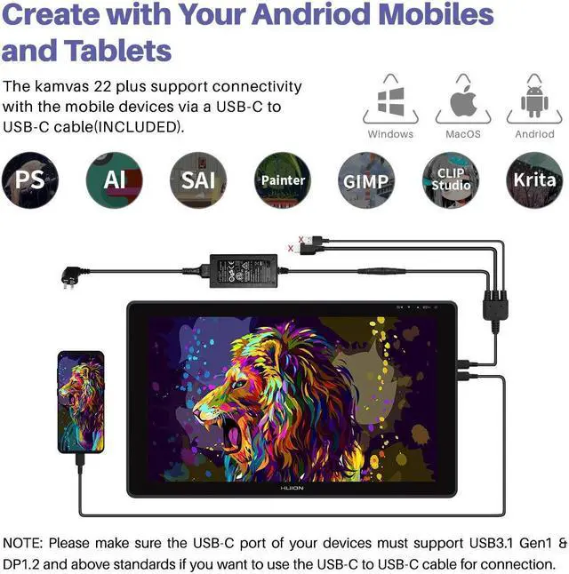 Alt view image 4 of 5 - HUION KAMVAS 22 Plus Graphics Drawing Tablet with Screen Full Laminated QD 140% sRGB, Android Support Battery-Free 8192 Levels Pressure Stylus Tilt Art Tablet, 21.5" Drawing Monitor with Stand