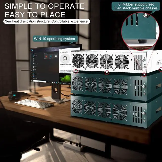 Alt view image 2 of 5 - 8GPU Mining Rig Complete Crypto Miner with Windows10,Including 8GPU Mining Motherboard 2000W Power Supply,CPU,SSD,4G RAM, 8 GPU Mining Case for ETC/LTC/XHV/Monero/Ravencoin(Without GPU)
