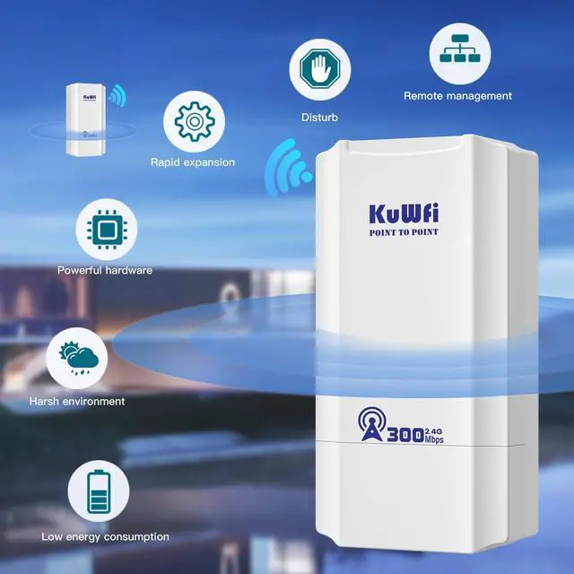 Alt view image 3 of 5 - KuWFi 300Mbps Point to Point Wireless Bridge, WiFi Ethernet Bridge Long Range, 2.4G Wireless Access Point Outdoor CPE with 100Mbps Port, 1KM Transmission Distance Solution for PTP/PTMP, POE Powered