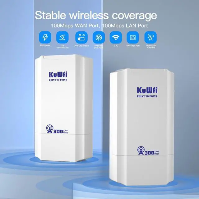Alt view image 2 of 5 - KuWFi 300Mbps Point to Point Wireless Bridge, WiFi Ethernet Bridge Long Range, 2.4G Wireless Access Point Outdoor CPE with 100Mbps Port, 1KM Transmission Distance Solution for PTP/PTMP, POE Powered