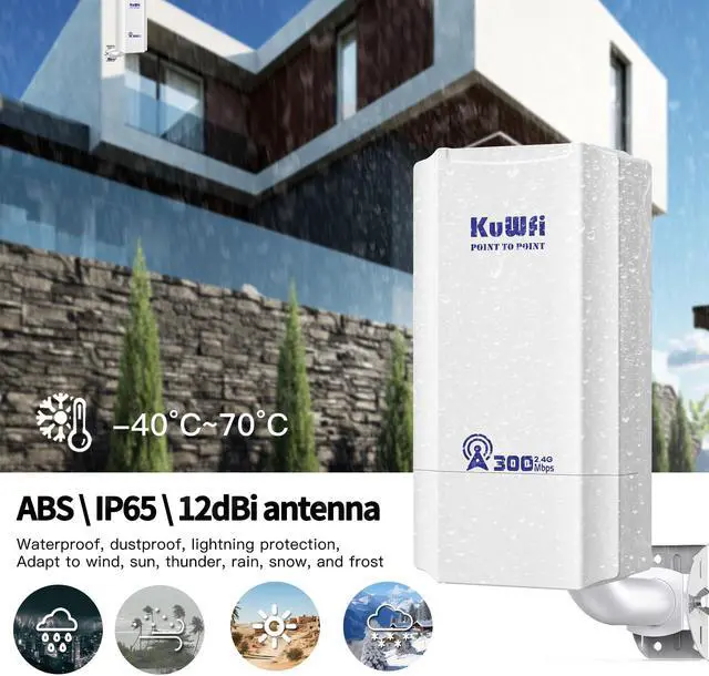 Alt view image 4 of 5 - KuWFi 300Mbps Point to Point Wireless Bridge, WiFi Ethernet Bridge Long Range, 2.4G Wireless Access Point Outdoor CPE with 100Mbps Port, 1KM Transmission Distance Solution for PTP/PTMP, POE Powered