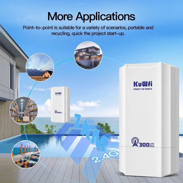 Alt view image 5 of 5 - KuWFi 300Mbps Point to Point Wireless Bridge, WiFi Ethernet Bridge Long Range, 2.4G Wireless Access Point Outdoor CPE with 100Mbps Port, 1KM Transmission Distance Solution for PTP/PTMP, POE Powered