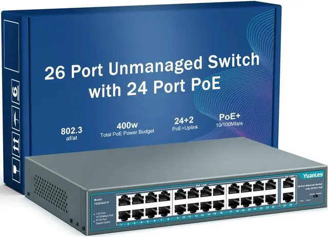 Main image of Yuanley 24 Port PoE Switch with 2 Gigabit Ethernet Uplink Port, Unmanaged 26 Port 802.3af/at 400W Power PoE+ Network Switch, Rackmount Plug and Play