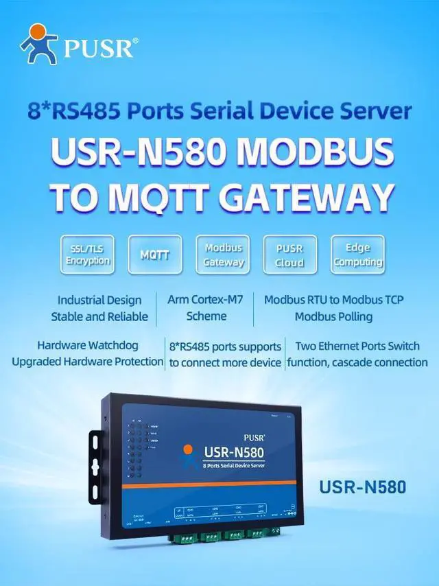 Alt view image 2 of 5 - PUSR 8 Ports MQTT Modbus Gateway Support SSL/TLS Edge Computing RS485 Serial to ethernet Converter Device Server USR-N580