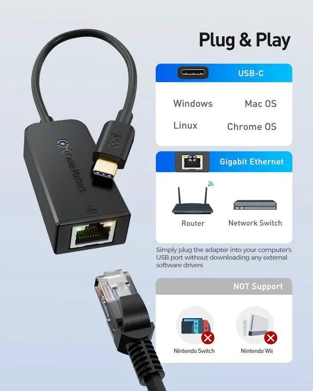 Alt view image 4 of 5 - Cable Matters 2-Pack Plug & Play USB C to Ethernet Adapter with PXE, MAC Address Clone (Thunderbolt to Ethernet Adapter, Gigabit Ethernet to USB C) in Black -Compatible with MacBook Pro, XPS, Surface