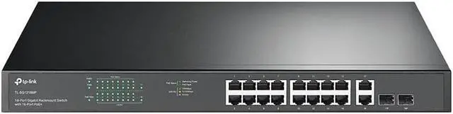 Main image of TP-Link TL-SG1218MP 16 Port Gigabit PoE Switch 16 PoE+ Ports @250W, w/ 2 Uplink Gigabit Ports + 2 Combo SFP Slots Plug & Play Sturdy Metal Rack-mountable