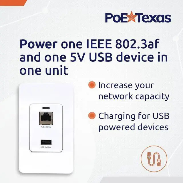 Alt view image 2 of 5 - PoE Texas Gigabit PoE Splitter in-Wall USB Charging Port - Fast 5V USB Charging and RJ45 Power Over Ethernet Output for WiFi Internet Router, Camera, Phone Network