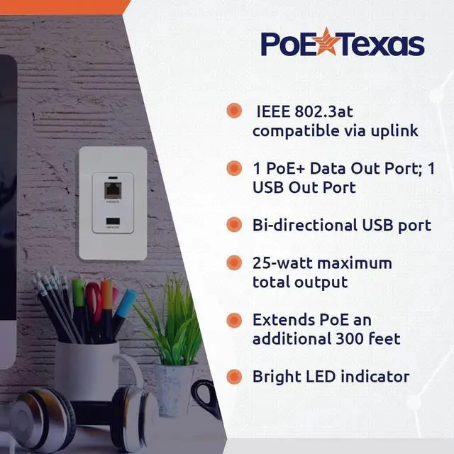 Alt view image 3 of 5 - PoE Texas Gigabit PoE Splitter in-Wall USB Charging Port - Fast 5V USB Charging and RJ45 Power Over Ethernet Output for WiFi Internet Router, Camera, Phone Network