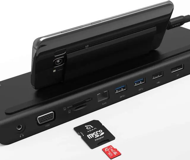 Alt view image 2 of 5 - ADAM elements Hub Pro USB-C Docking Station - HDMI, VGA, DisplayPort - Ethernet - 3X USB Ports - USB-C with PD - SD and microSD Card Readers - 3.5 mm Audio Out - Built-in Phone Stand