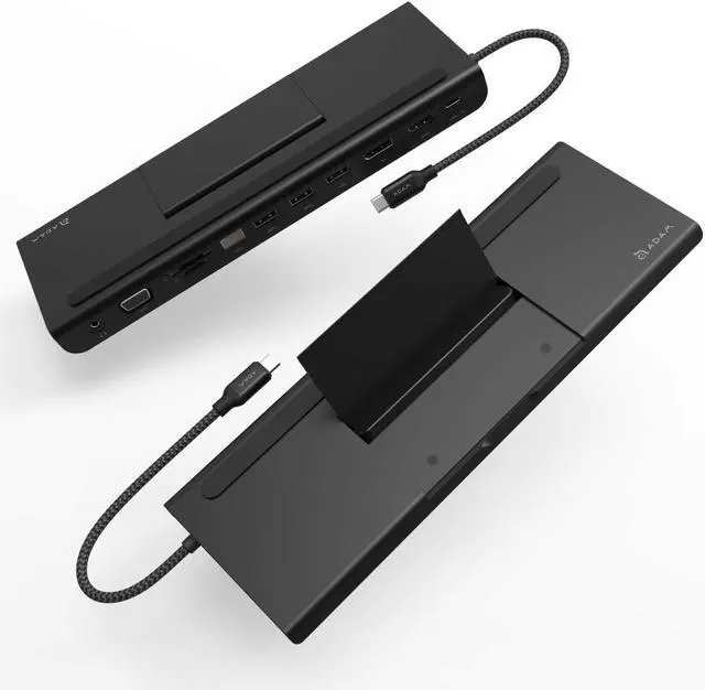 Alt view image 3 of 5 - ADAM elements Hub Pro USB-C Docking Station - HDMI, VGA, DisplayPort - Ethernet - 3X USB Ports - USB-C with PD - SD and microSD Card Readers - 3.5 mm Audio Out - Built-in Phone Stand