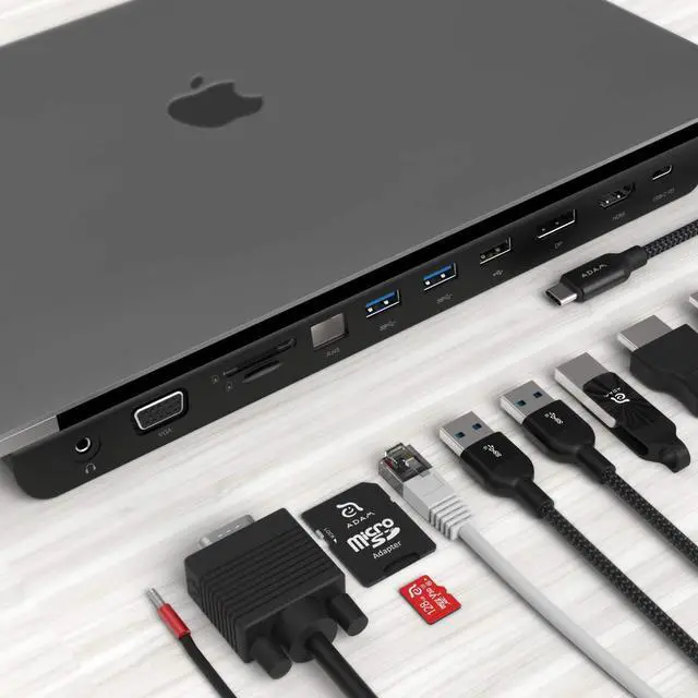 Alt view image 4 of 5 - ADAM elements Hub Pro USB-C Docking Station - HDMI, VGA, DisplayPort - Ethernet - 3X USB Ports - USB-C with PD - SD and microSD Card Readers - 3.5 mm Audio Out - Built-in Phone Stand