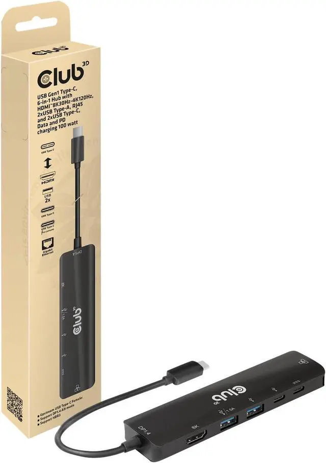 Main image of Club 3D CSV-1596 USB Gen1 Type-C, 6-in-1 Hub with HDMI 8K30Hz-4K120Hz, 2xUSB Type-A, RJ45 and 2xUSB Type-C, Data and PD Charging 100 watt