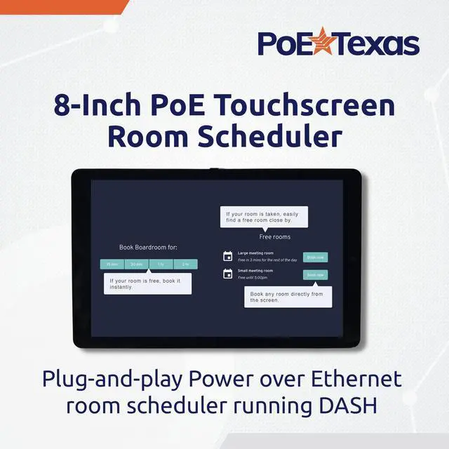 Alt view image 2 of 5 - PoE Texas 8" Touchscreen Meeting Room Scheduler Tablet (No Subscription Required) - Plug & Play PoE Office Conference Room Scheduler - Digital Display Syncs with Business Calendar