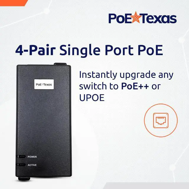 Alt view image 2 of 5 - Poe Texas PoE Injector - 802.3bt PoE++ Single Port 4 Pair Power Over Ethernet Injector - 6KV Surge Protection - Active PoE Adapter 55V 60W Output - 10/100/1000 Gigabit Data - Wall Mount Plug & Play