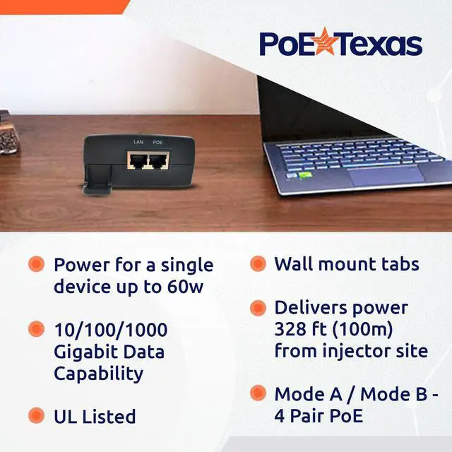 Alt view image 3 of 5 - Poe Texas PoE Injector - 802.3bt PoE++ Single Port 4 Pair Power Over Ethernet Injector - 6KV Surge Protection - Active PoE Adapter 55V 60W Output - 10/100/1000 Gigabit Data - Wall Mount Plug & Play