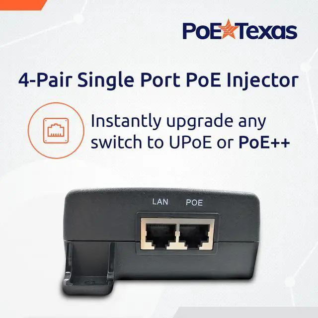 Alt view image 2 of 5 - Poe Texas 60 watt PoE Injector - 802.3bt PoE++ Single Port 4-Pair Power Over Ethernet Injector - Active PoE Adapter with 55V 60W Output - 10/100/1000 Gigabit Data - Mode A/B Wall Mount Plug & Play