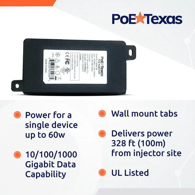 Alt view image 3 of 5 - Poe Texas 60 watt PoE Injector - 802.3bt PoE++ Single Port 4-Pair Power Over Ethernet Injector - Active PoE Adapter with 55V 60W Output - 10/100/1000 Gigabit Data - Mode A/B Wall Mount Plug & Play