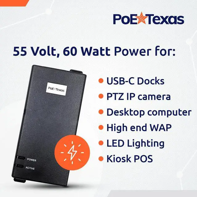 Alt view image 5 of 5 - Poe Texas 60 watt PoE Injector - 802.3bt PoE++ Single Port 4-Pair Power Over Ethernet Injector - Active PoE Adapter with 55V 60W Output - 10/100/1000 Gigabit Data - Mode A/B Wall Mount Plug & Play