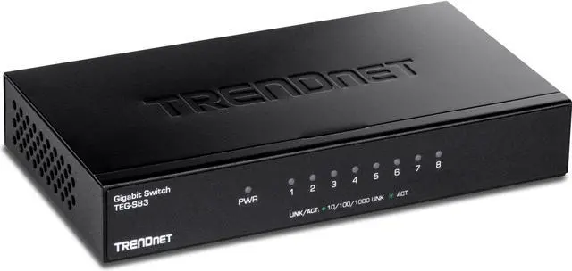 Main image of TRENDnet 8-Port Gigabit Desktop Switch, TEG-S83, 8 x Gigabit RJ-45 Ports, Ethernet Splitter, 16Gbps Switching Capacity, Fanless Design, Metal Enclosure, Lifetime Protection, Black