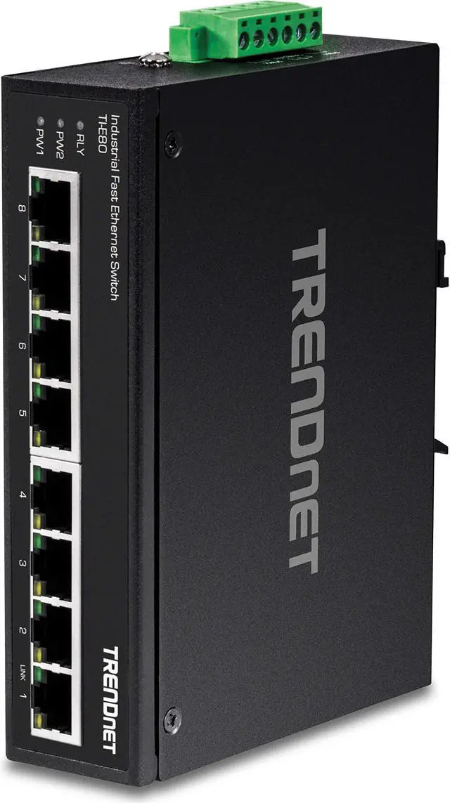 Main image of TRENDnet 8-Port Industrial Unmanaged Fast Ethernet DIN-Rail Switch, TI-E80 8 x Fast Ethernet Ports, 1.6Gbps Switching Capacity, IP30 Metal Switch, Lifetime Protection, Black