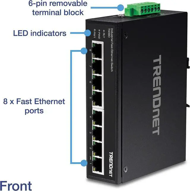 Alt view image 2 of 5 - TRENDnet 8-Port Industrial Unmanaged Fast Ethernet DIN-Rail Switch, TI-E80 8 x Fast Ethernet Ports, 1.6Gbps Switching Capacity, IP30 Metal Switch, Lifetime Protection, Black