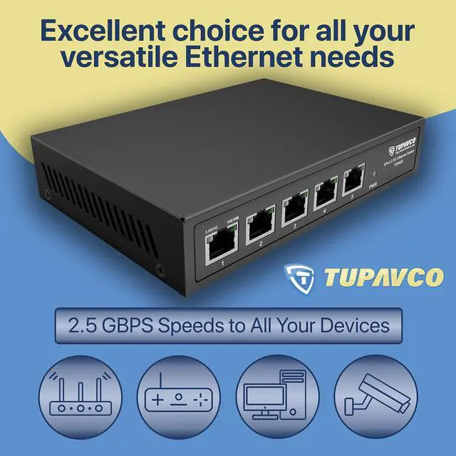 Alt view image 2 of 5 - 2.5GB Switch (5 Port) for Ethernet Network - High Speed 10M/100M/1G/2.5G Gigabit (802.3bz) - Unmanaged Plug & Play Fanless LAN Splitter - Metal Case - Wall Mountable - Tupavco TP1940