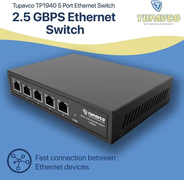 Alt view image 4 of 5 - 2.5GB Switch (5 Port) for Ethernet Network - High Speed 10M/100M/1G/2.5G Gigabit (802.3bz) - Unmanaged Plug & Play Fanless LAN Splitter - Metal Case - Wall Mountable - Tupavco TP1940