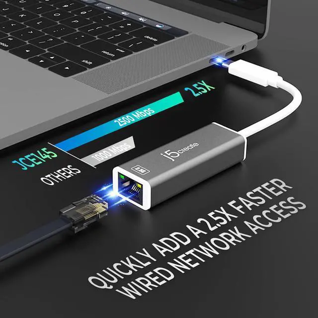 Alt view image 2 of 5 - j5create USB-C to 2.5G Ethernet Adapter, RJ45 LAN 2.5 Gigabit Network to USB Type C/Thunderbolt Converter, Compatible for MacBook Pro/Air, Tablets, Dell XPS, Surface Pro 7 (JCE145)