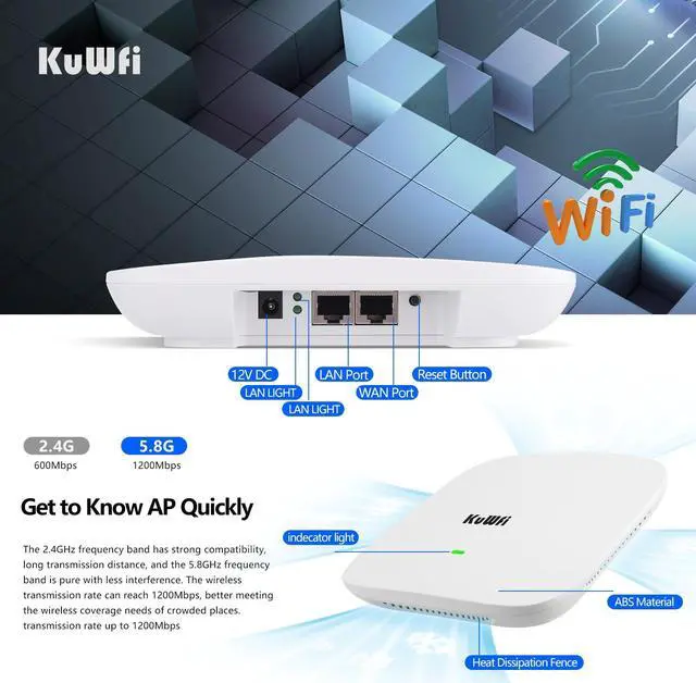 Alt view image 4 of 5 - KuWFi WiFi 6 Extender 2.4G&5.8G Long-Range Repeater AX1800 WiFi 6 Indoor Ceiling-Mounted AP Router 48V PoE Powered 1800Mbps High Speed for House, Office, Apartment
