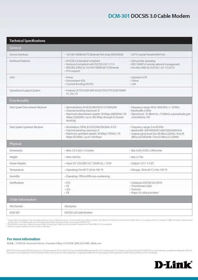 Alt view image 5 of 5 - D-Link DOCSIS 3.0 Cable Modem (DCM-301) Compatible with Comcast Xfinity, Time Warner Cable, Charter, Cox, Cablevision, and More