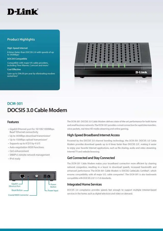 Alt view image 4 of 5 - D-Link DOCSIS 3.0 Cable Modem (DCM-301) Compatible with Comcast Xfinity, Time Warner Cable, Charter, Cox, Cablevision, and More