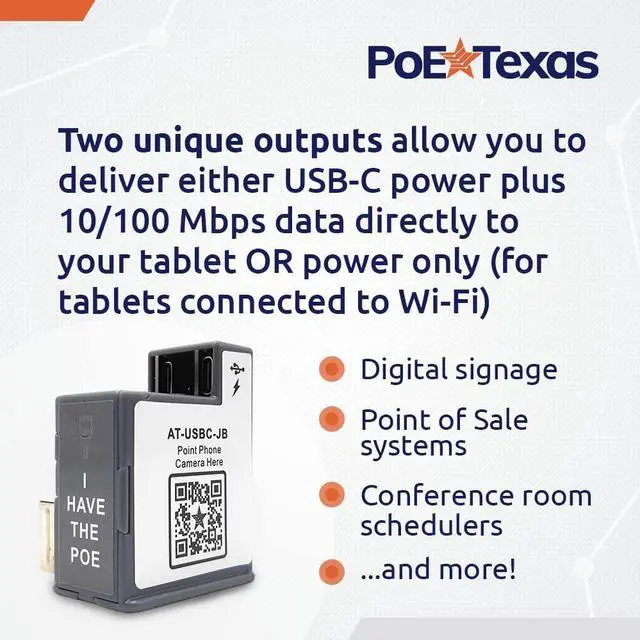 Alt view image 2 of 5 - PoE Texas PoE+ Power and Data Adapter for USB-C Tablets & Devices for POS, Digital Signage, & More - 802.3at POE+ to USB-C Power Delivery - Extends Charging & Data Delivery Up to 328 Feet