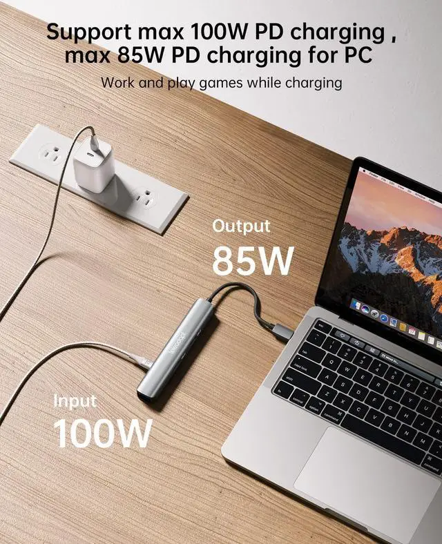 Alt view image 3 of 5 - Teleadapt USB Type C Hub, 6-in-1 USBC HDMI Adapter with Ethernet, 5Gbps USB Type-C Data, 2 USB 3.0, USB Hub Power Delivery 100W Ideal for MacBook Pro/Air, iPad Pro, Dell XPS