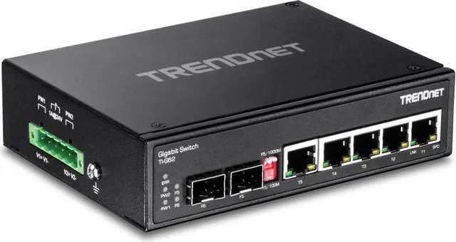 Main image of TRENDnet 6-Port Hardened Industrial Gigabit DIN-Rail Switch, 12 Gbps Switching Capacity, IP30 Rated Metal Housing (-40 to 167 ºF),DIN-Rail & Wall Mounts Included,Lifetime Protection,Black,TI-G62