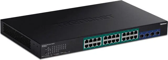 Main image of TRENDnet 28-Port Gigabit Web Smart PoE+ Switch with 24 Gigabit PoE+ Ports, TPE-30284, 4 x 10G SFP+ Slots, 370W PoE Power,VLAN, QoS, LACP, IPv4/IPv6 Static Routing, Lifetime Protection