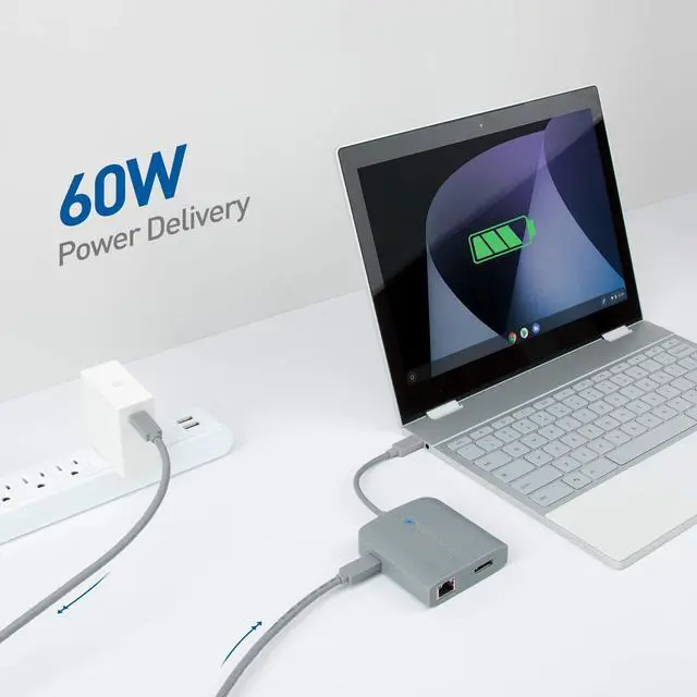 Alt view image 4 of 5 - Cable Matters USB C Hub DisplayPort, 4K@60Hz (USB C DisplayPort Hub), 100Mbps Ethernet, 2X USB, 60W Host Charging in Gray - Thunderbolt 4 / Thunderbolt 3 Port Compatible for MacBook Pro